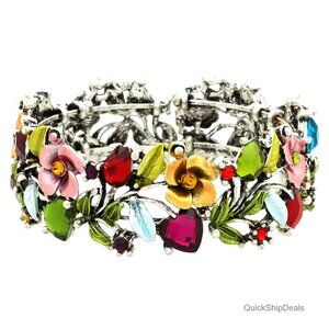 Vintage Crystal Beaded Bracelet Bangle, Hand-Painted Floral Design